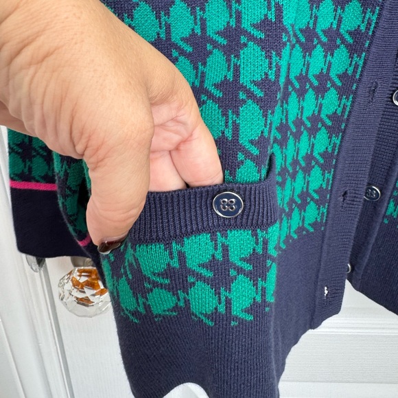 APPLESEED’S SWEATER/CARDIGAN. SIZE XL BUTTONED, NAVY/GREEN HOUNDSTOOTH, VINTAGE - Picture 3 of 12